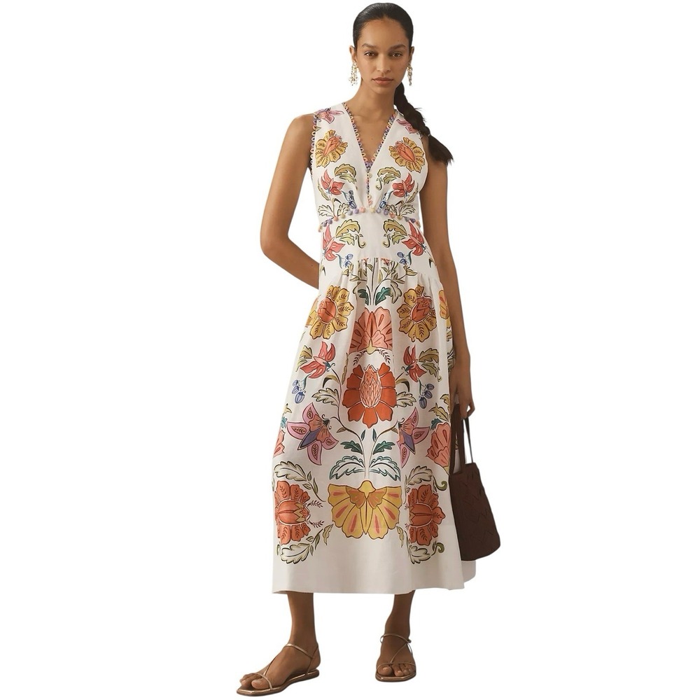 Farm Rio Floral Insects Off White Sleeveless Maxi Dress Large Linen Pom Pom